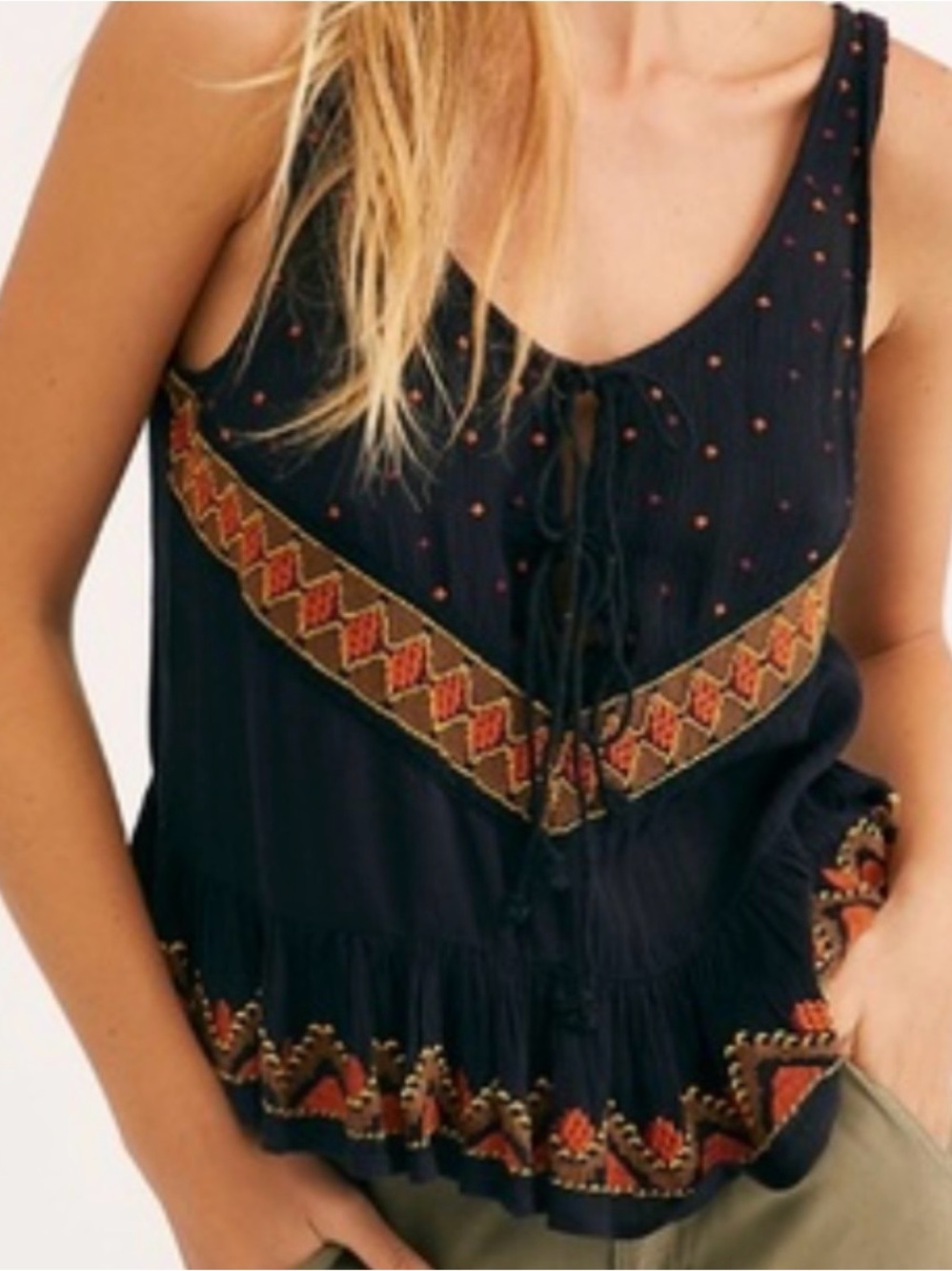RARE Free People black cropped embroidered tie front tank | size S | EUC